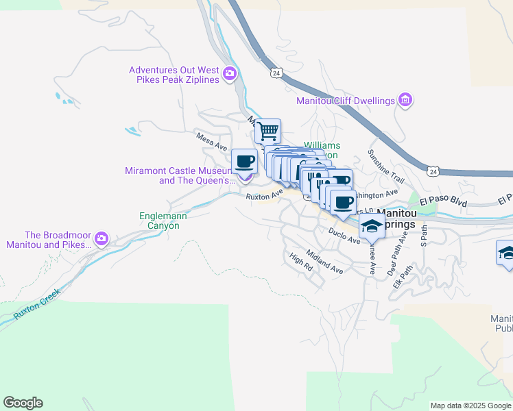 map of restaurants, bars, coffee shops, grocery stores, and more near 22 Maple Lane in Manitou Springs