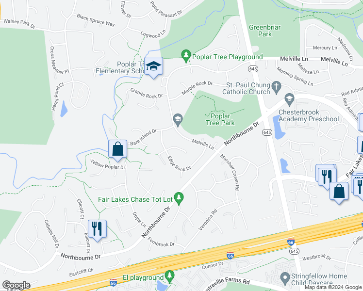 map of restaurants, bars, coffee shops, grocery stores, and more near 13486 Edge Rock Court in Chantilly