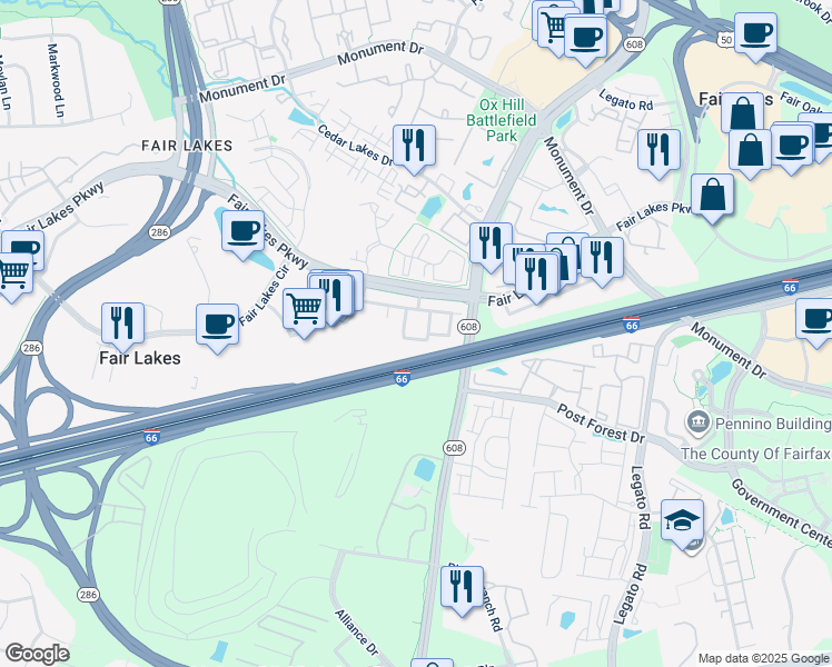 map of restaurants, bars, coffee shops, grocery stores, and more near 4471A Beacon Grove Circle in Fairfax