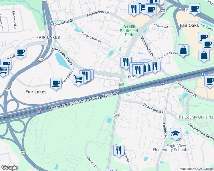 map of restaurants, bars, coffee shops, grocery stores, and more near 4469B Beacon Grove Circle in Fairfax