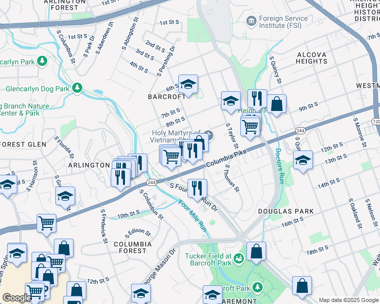 map of restaurants, bars, coffee shops, grocery stores, and more near 942 South Wakefield Street in Arlington