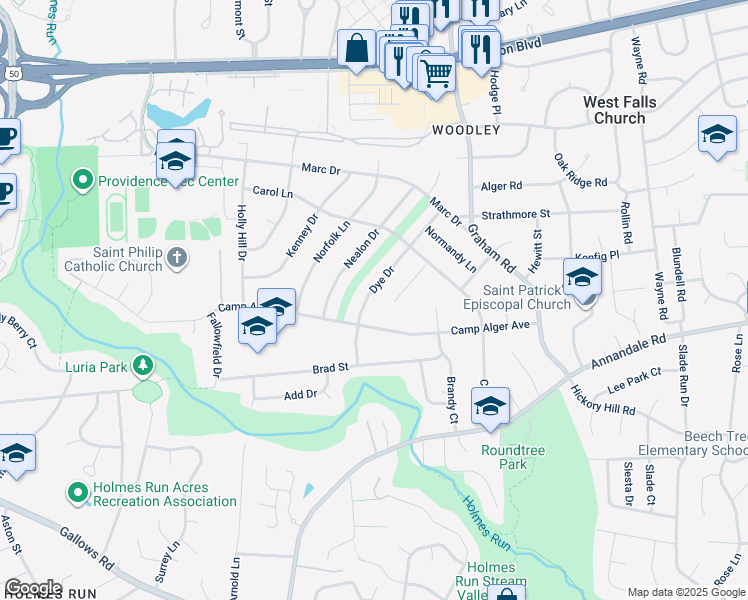 map of restaurants, bars, coffee shops, grocery stores, and more near 3231 Dye Drive in Falls Church