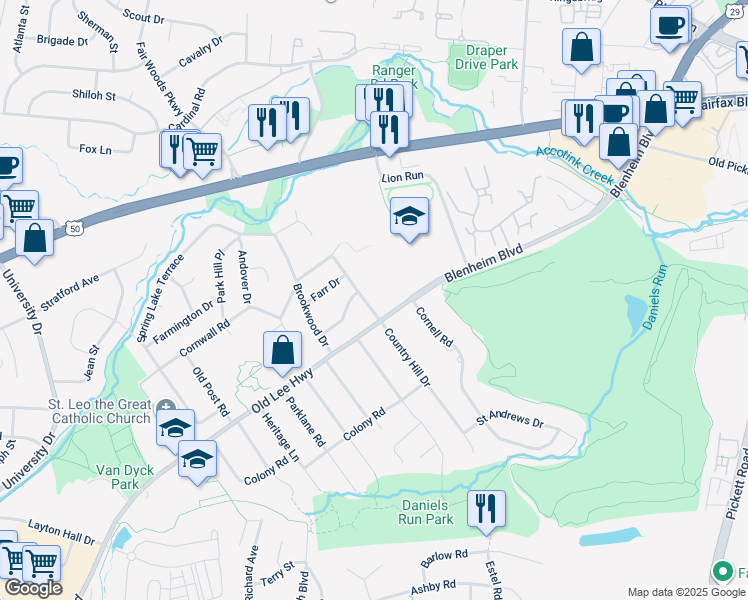 map of restaurants, bars, coffee shops, grocery stores, and more near 3416 Country Hill Drive in Fairfax