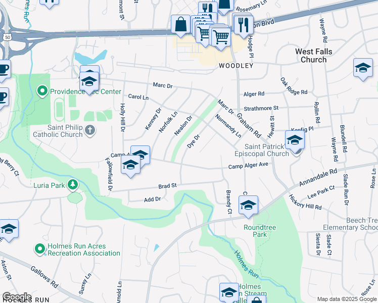 map of restaurants, bars, coffee shops, grocery stores, and more near 3231 Dye Drive in Falls Church