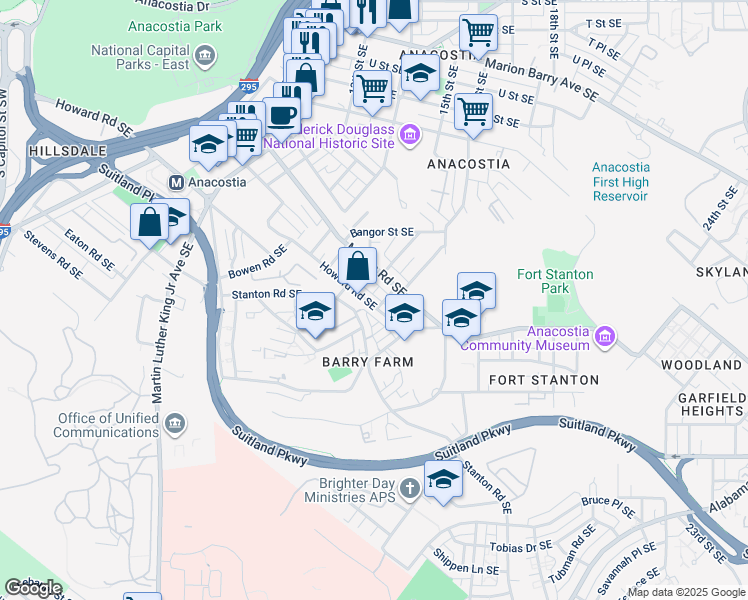 map of restaurants, bars, coffee shops, grocery stores, and more near 1458 Howard Road Southeast in Washington