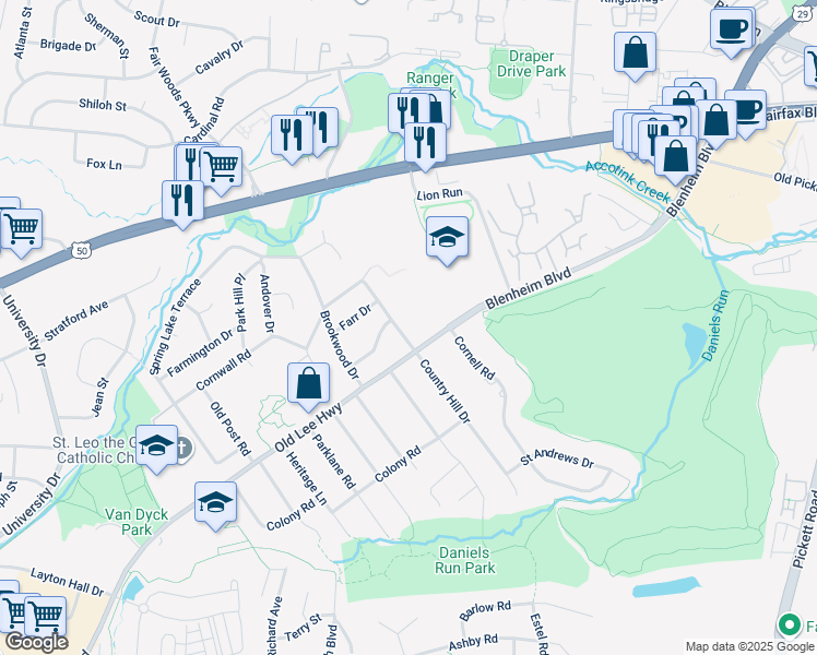 map of restaurants, bars, coffee shops, grocery stores, and more near 3416 Country Hill Drive in Fairfax
