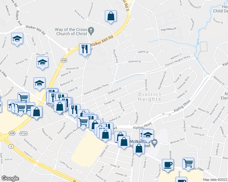 map of restaurants, bars, coffee shops, grocery stores, and more near 6505 Elmhurst Street in District Heights