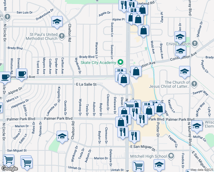 map of restaurants, bars, coffee shops, grocery stores, and more near 3630 East La Salle Street in Colorado Springs