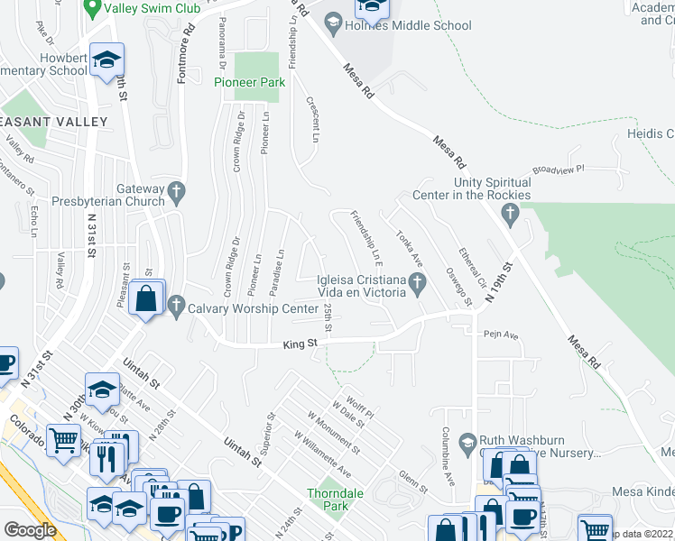 map of restaurants, bars, coffee shops, grocery stores, and more near 1390 Friendship Lane West in Colorado Springs