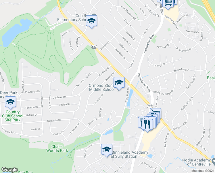 map of restaurants, bars, coffee shops, grocery stores, and more near 14708 Jarnigan Street in Centreville