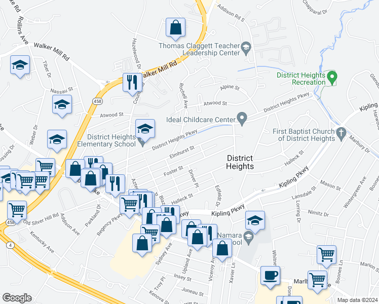 map of restaurants, bars, coffee shops, grocery stores, and more near 6511 Elmhurst Street in District Heights