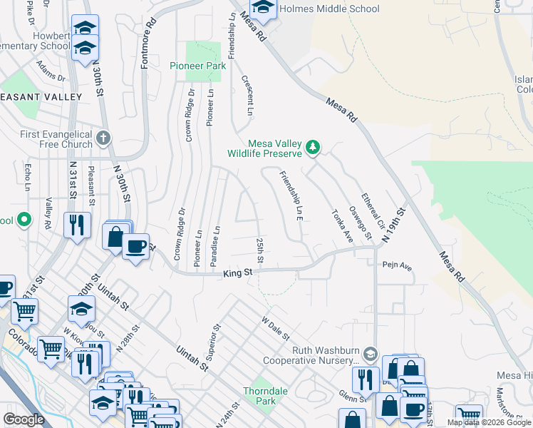 map of restaurants, bars, coffee shops, grocery stores, and more near 1390 Friendship Lane West in Colorado Springs