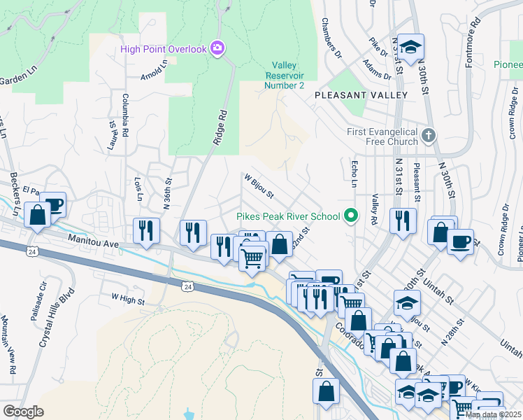 map of restaurants, bars, coffee shops, grocery stores, and more near 3347 West Bijou Street in Colorado Springs