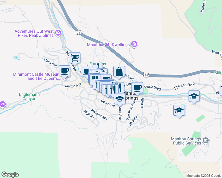 map of restaurants, bars, coffee shops, grocery stores, and more near 21 Washington Avenue in Manitou Springs
