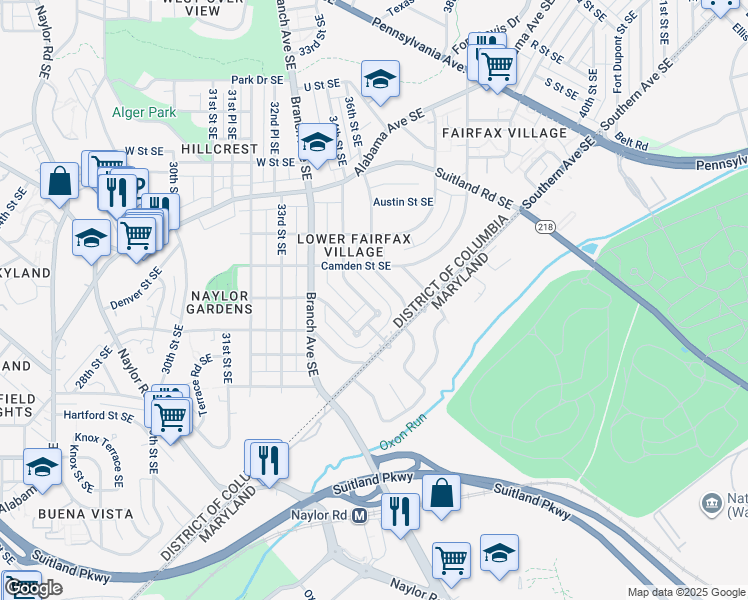 map of restaurants, bars, coffee shops, grocery stores, and more near 2544 34th Street Southeast in Washington