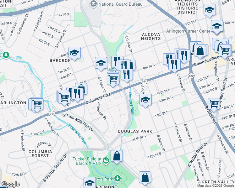 map of restaurants, bars, coffee shops, grocery stores, and more near 1130 South George Mason Drive in Arlington