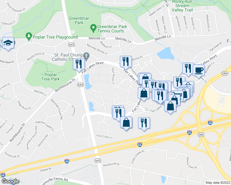 map of restaurants, bars, coffee shops, grocery stores, and more near 4401 Fair Stone Drive in Fairfax