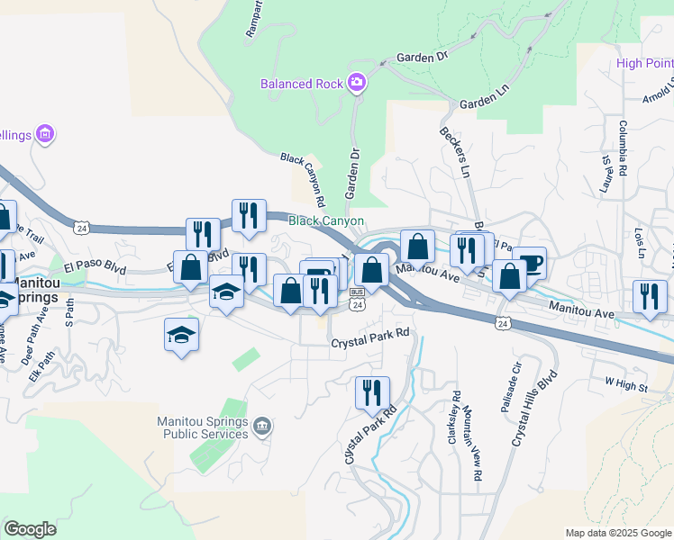 map of restaurants, bars, coffee shops, grocery stores, and more near El Paso Boulevard in Manitou Springs