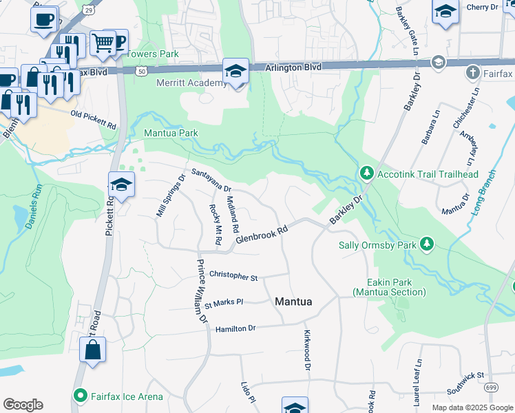map of restaurants, bars, coffee shops, grocery stores, and more near 9137 Santayana Drive in Fairfax