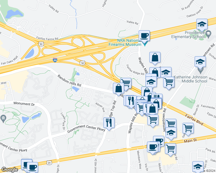 map of restaurants, bars, coffee shops, grocery stores, and more near 4074 Clovet Drive in Fairfax