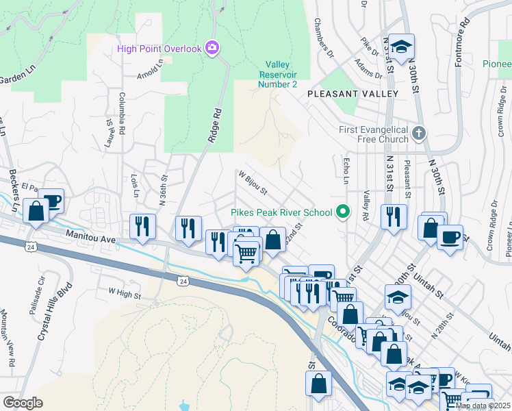 map of restaurants, bars, coffee shops, grocery stores, and more near 3347 West Bijou Street in Colorado Springs