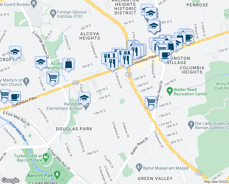 map of restaurants, bars, coffee shops, grocery stores, and more near 3621 13th Street South in Arlington