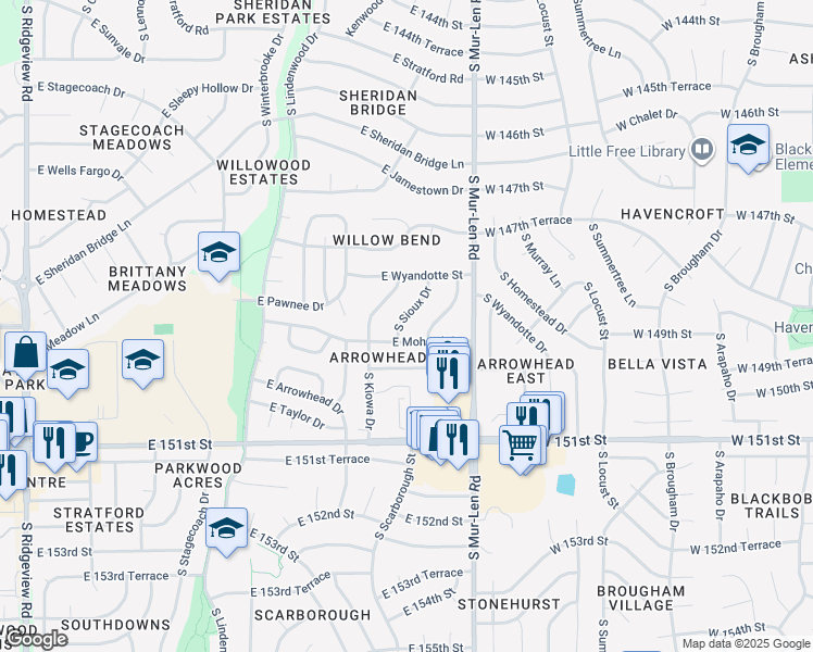 map of restaurants, bars, coffee shops, grocery stores, and more near 1516 South Sioux Drive in Olathe