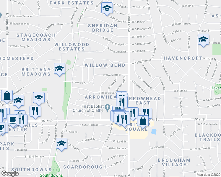 map of restaurants, bars, coffee shops, grocery stores, and more near 1516 South Sioux Drive in Olathe