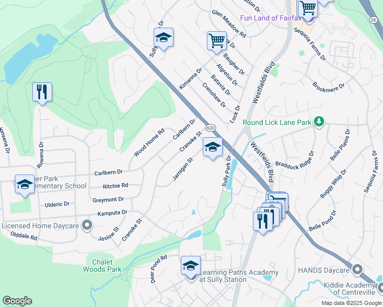 map of restaurants, bars, coffee shops, grocery stores, and more near 14708 Jarnigan Street in Centreville