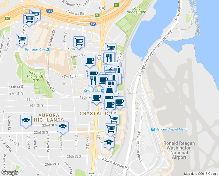 map of restaurants, bars, coffee shops, grocery stores, and more near 1745 Jefferson Davis Highway in Arlington