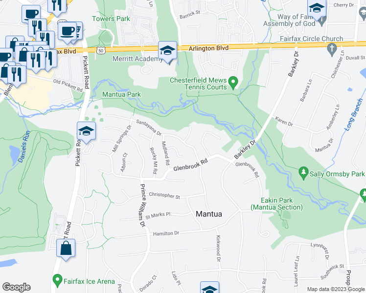 map of restaurants, bars, coffee shops, grocery stores, and more near 9137 Santayana Drive in Fairfax