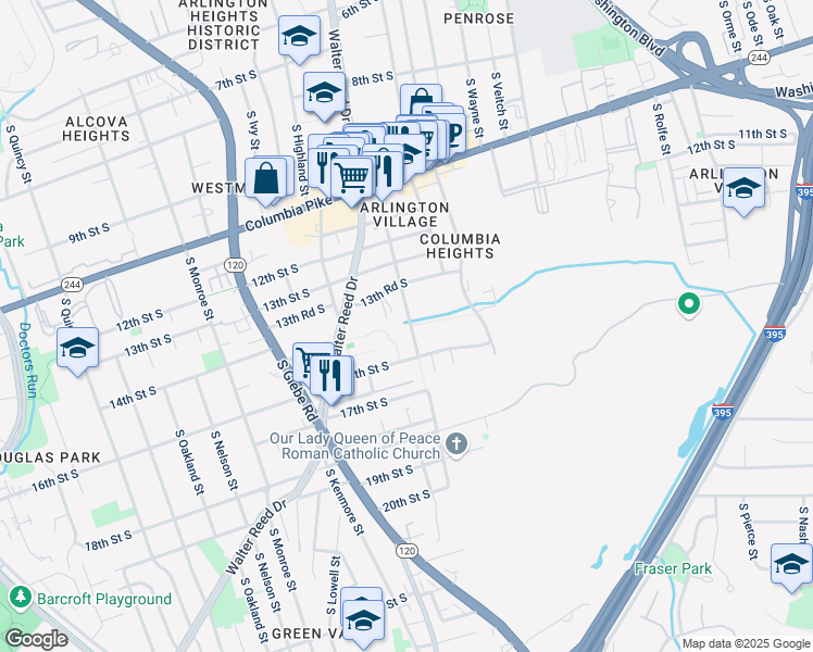 map of restaurants, bars, coffee shops, grocery stores, and more near 1510 South Edgewood Street in Arlington