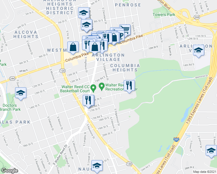 map of restaurants, bars, coffee shops, grocery stores, and more near 1510 South Edgewood Street in Arlington