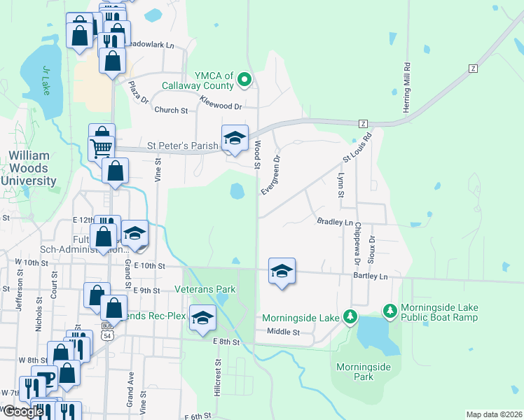 map of restaurants, bars, coffee shops, grocery stores, and more near 802 Evergreen Drive in Fulton