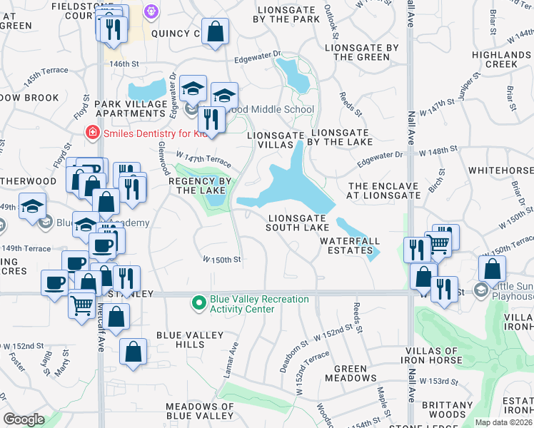 map of restaurants, bars, coffee shops, grocery stores, and more near 14915 Outlook Lane in Overland Park
