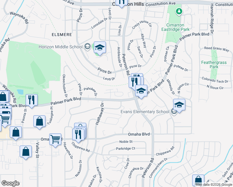 map of restaurants, bars, coffee shops, grocery stores, and more near 6710 Pahokee Court in Colorado Springs