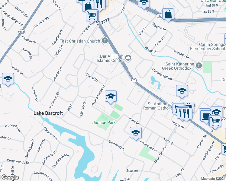 map of restaurants, bars, coffee shops, grocery stores, and more near 3245 Rio Drive in Falls Church