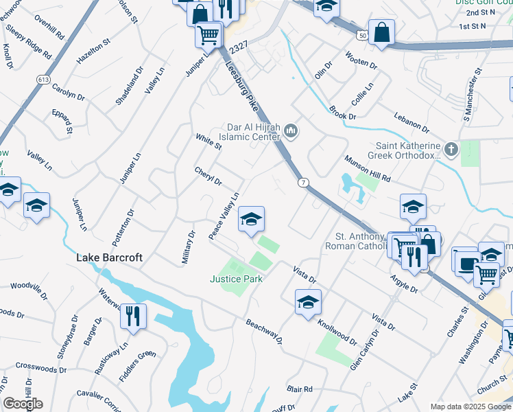 map of restaurants, bars, coffee shops, grocery stores, and more near 3245 Rio Drive in Falls Church