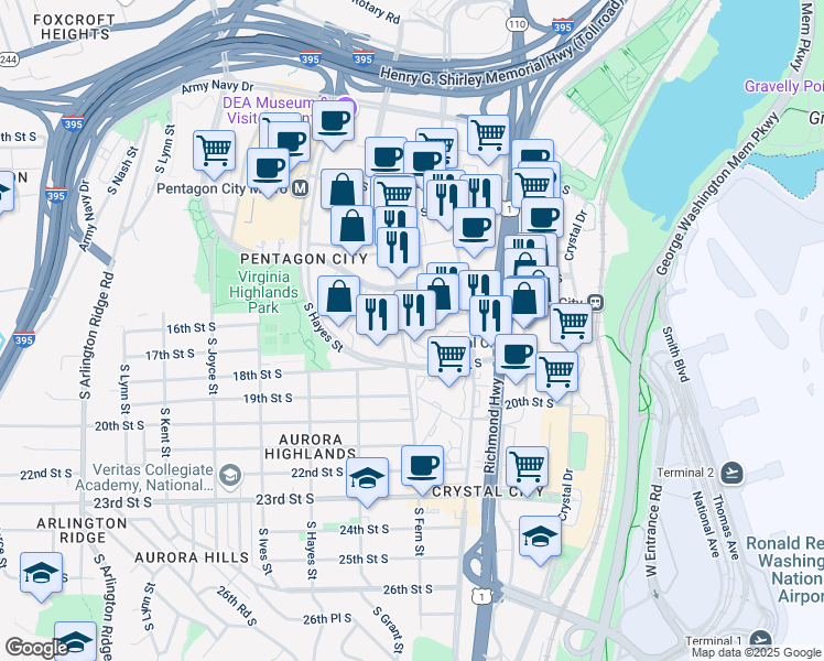 map of restaurants, bars, coffee shops, grocery stores, and more near 1630 South Fern Street in Arlington