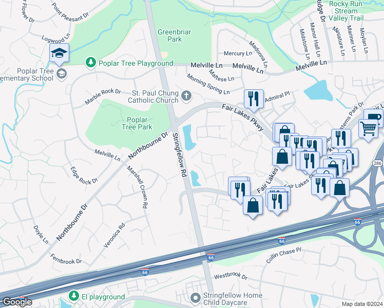 map of restaurants, bars, coffee shops, grocery stores, and more near 13214 Goose Pond Lane in Fairfax