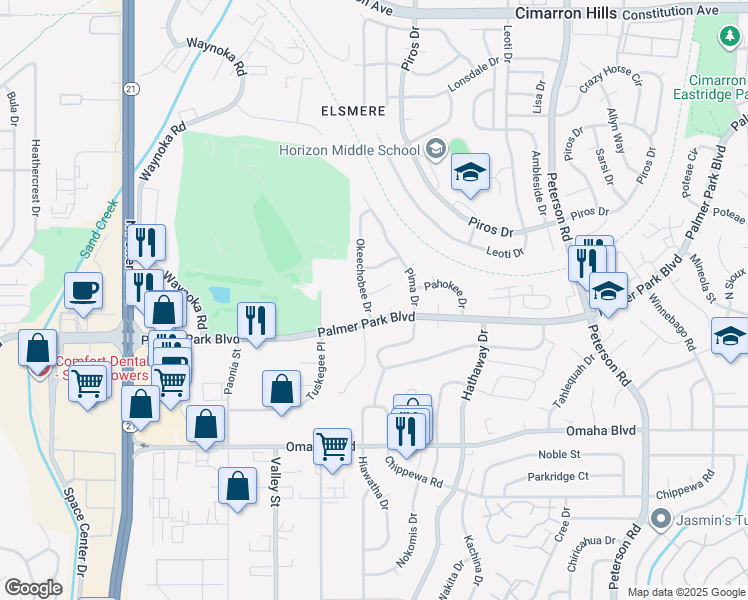 map of restaurants, bars, coffee shops, grocery stores, and more near 6370 Okeechobee Place in Colorado Springs