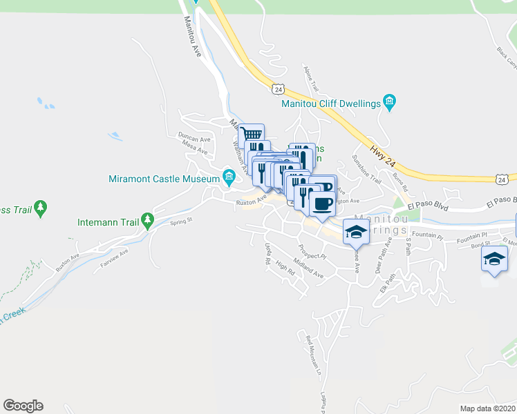 map of restaurants, bars, coffee shops, grocery stores, and more near 20 Ruxton Avenue in Manitou Springs