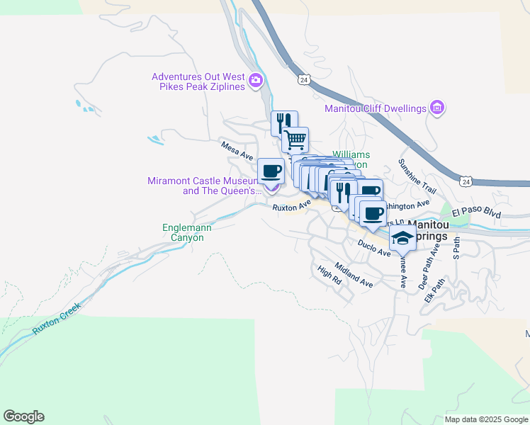 map of restaurants, bars, coffee shops, grocery stores, and more near 12 Capitol Hill Avenue in Manitou Springs