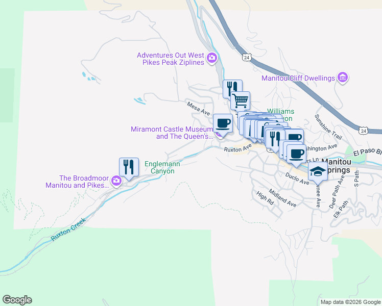 map of restaurants, bars, coffee shops, grocery stores, and more near 347 Pilot Knob Avenue in Manitou Springs