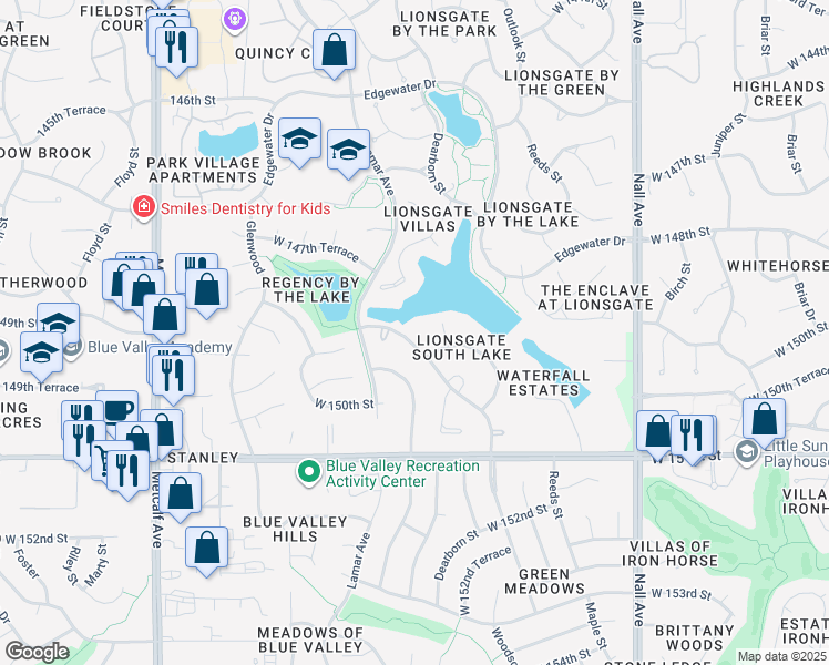 map of restaurants, bars, coffee shops, grocery stores, and more near 14915 Outlook Lane in Overland Park
