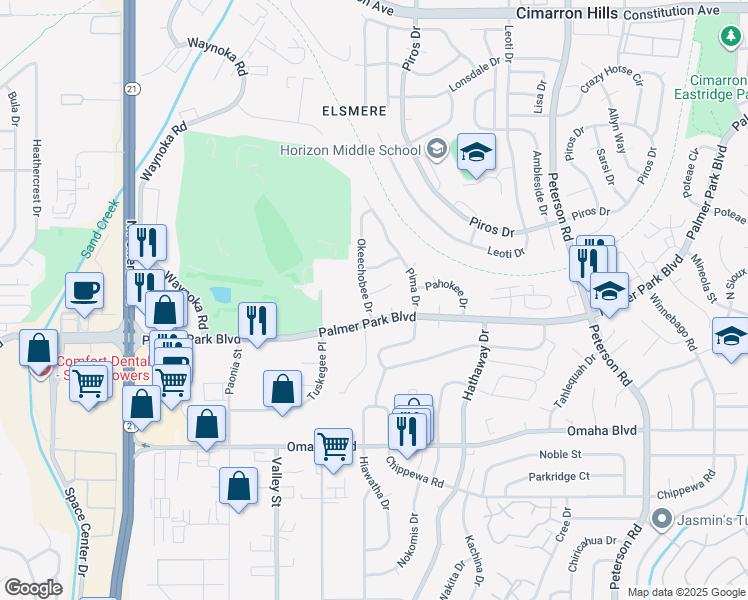 map of restaurants, bars, coffee shops, grocery stores, and more near 6370 Okeechobee Place in Colorado Springs