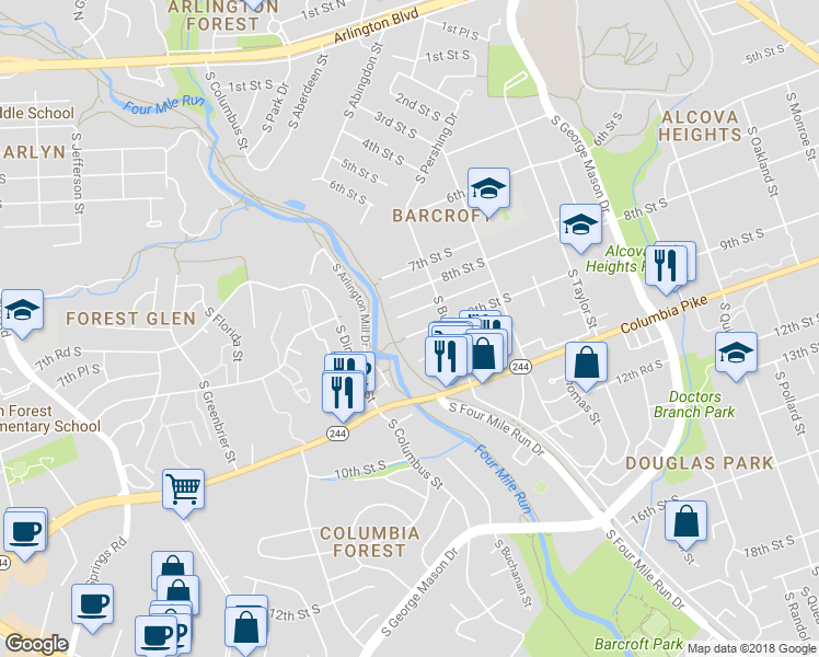 map of restaurants, bars, coffee shops, grocery stores, and more near 4835 9th Street South in Arlington