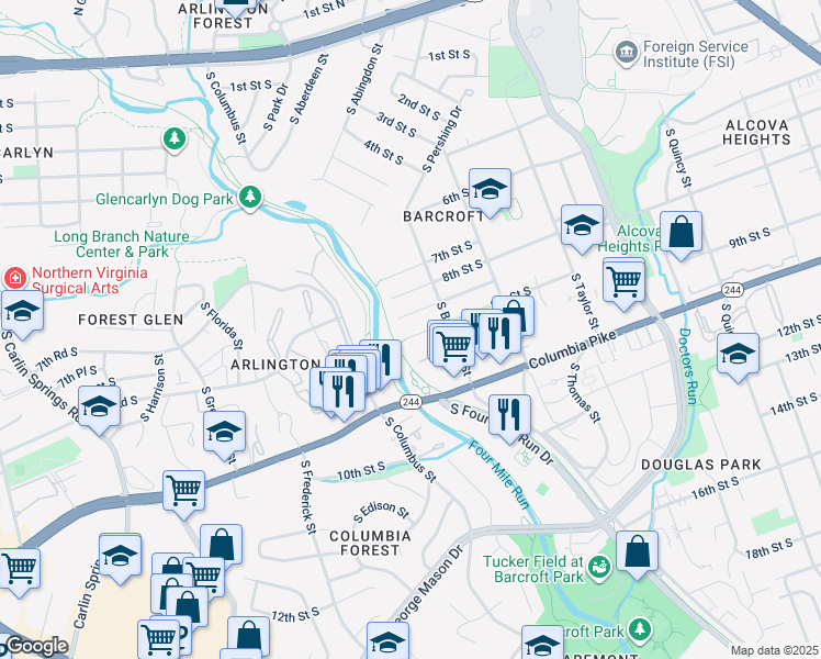 map of restaurants, bars, coffee shops, grocery stores, and more near 4835 9th Street South in Arlington