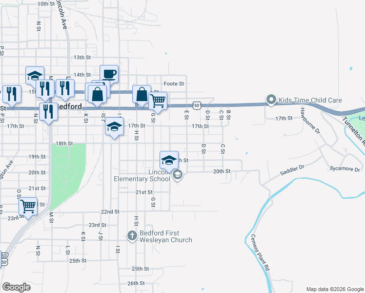 map of restaurants, bars, coffee shops, grocery stores, and more near 1700-1798 E St in Bedford