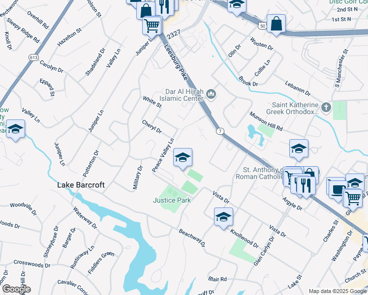 map of restaurants, bars, coffee shops, grocery stores, and more near 3245 Rio Drive in Falls Church